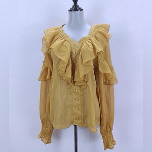 Ruffled Mustard Blouse v neck collared long sleeve button down front top